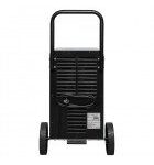 Ein schwarzer, tragbarer Luftentfeuchter mit zwei großen Rädern, einem Griff an der Oberseite für einfachen Transport und einer belüfteten Frontplatte.
