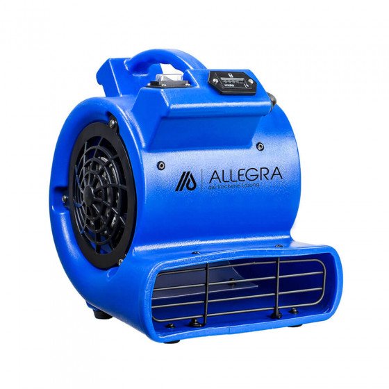 Ein blaues Industriegebläse mit einem Griff an der Oberseite, schwarzen Lüftungsöffnungen und dem Markennamen "Allegra" auf der Seite.