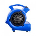 Ein blaues, tragbares Luftgebläse oder ein Teppichtrockner mit einem schwarzen Schutzgitter über dem Gebläse, einem oberen Griff und einem robusten Kunststoffgehäuse.
